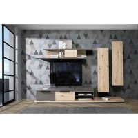Ensemble meuble TV - Contemporain - GREY STAR - L 280 x P 45 x H 178 cm - 3 portes 2 tiroirs - Décor chene et gris