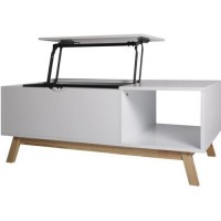 Table basse rectangulaire - Blanc et bois - Scandinave - Plateau relevable - Sur pieds - L 110 x P 55 x H 43 cm