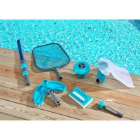 SPOOL Kit d'entretien de piscine 6 accessoires : manche téléscopique, brosse ligne d'eau, épuisette, thermometre, balai, diffuse