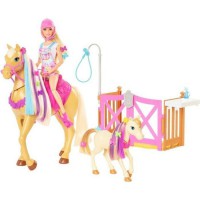 Barbie - Coffret toilettage chevaux avec Poupée Barbie, 2 Chevaux et + de 20 Accessoires - Accessoire Poupée Mannequin - Des 3 a