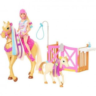 Barbie - Coffret toilettage chevaux avec Poupée Barbie, 2 Chevaux et + de 20 Accessoires - Accessoire Poupée Mannequin - Des 3 a