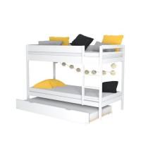 Lit superposé avec tiroir lit - 3 x 90 x 190 cm - Bois Pin massif - Blanc - Sommiers inclus - WALLY
