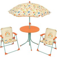 FUN HOUSE Fruity's Salon de jardin - 1 table H.46 x ø46 cm, 2 chaises H.53xl.38,5xP.37,5 cm et 1 parasol H.125 x ø100 cm