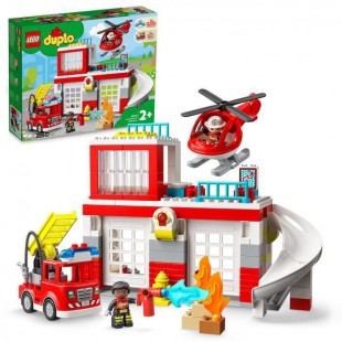 LEGO 10970 DUPLO La Caserne Et L'Hélicoptere Des Pompiers, Avec Jouet Camion Push & Go Pour les Enfants de 2 Ans et Plus