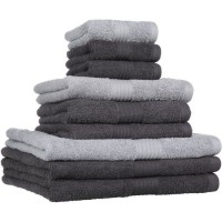 Lot de 9 serviettes de bain ESSENTIAL - 100% Coton - 50 / 90 / 130 cm - Coloris fusain et acier - TODAY