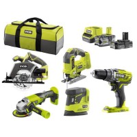 RYOBI R18CK5B-252S Pack 5 outils ONE+ 18V (Perceuse, meuleuse, scie sauteuse, scie circulaire, ponceuse) + 2 batteries