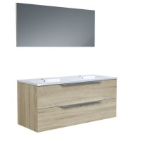 Ensemble Meuble salle de bain L 120 - Vasque + 2 tiroirs + miroir - Décor bois - ZOOM