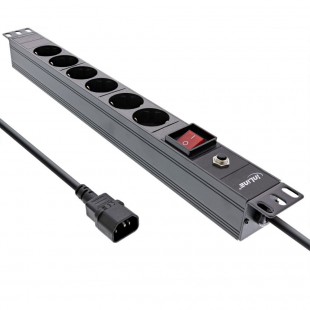 Strip de socket Inline® 19 ", contact de protection à 6 voies, connexion C14, protection contre les surcharges, commutateur, 2m,