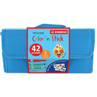 Trousse de coloriage STABILO color'n stick x 42 pièces : 22 feutres + 12 crayons de couleur + 8 stickers textiles émoticônes col