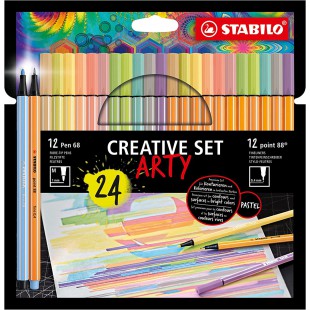 Set créatif STABILO ARTY x 24 pièces : 12 STABILO Pen 68 + 12 STABILO point 88