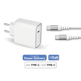 Chargeur maison 65W Power Delivery GaN + Câble renforcé USB C/USB C Garanti à vie Blanc Force Power Lite