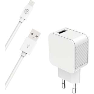 Chargeur maison 2.4A IC Smart + Câble USB A/Lightning Blanc - 100% Plastique recyclé Bigben