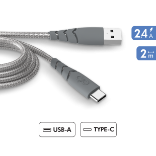 Câble Ultra-renforcé USB A/USB C 2m 3A Garanti à vie Gris - 100% Plastique recyclé Force Power