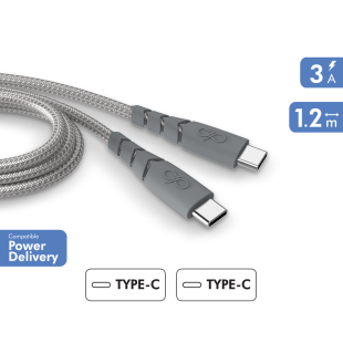 Câble Ultra-renforcé USB C/USB C 1,2m 3A Garanti à vie Gris - 100% Plastique recyclé Force Power
