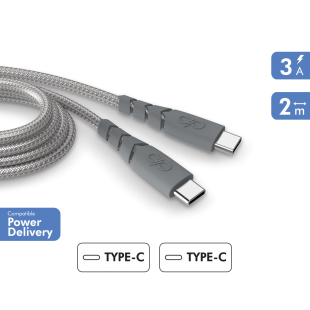 Câble Ultra-renforcé USB C/USB C 2m 3A Garanti à vie Gris - 100% Plastique recyclé Force Power