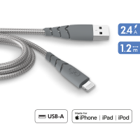Câble Ultra-renforcé USB A/Lightning 1,2m 2.4A Garanti à vie Gris - 100% Plastique recyclé Force Power