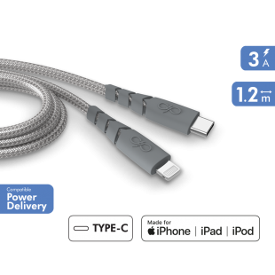 Câble Ultra-renforcé USB C/Lightning 1,2m 3A Garanti à vie Gris - 100% Plastique recyclé Force Power