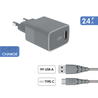 Chargeur maison 3A IC Smart Garanti à vie + Câble USB A/USB C Gris - 100% Plastique recyclé Force Power