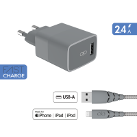 Chargeur maison 2.4A IC Smart Garanti à vie + Câble USB A/Lightning Gris - 100% Plastique recyclé Force Power