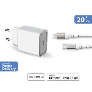 Chargeur maison 20W Power Delivery + Câble renforcé USB C/Lightning Garanti à vie Blanc 100% Plastique recyclé Force Power Lite