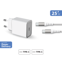 Chargeur maison 25W Power Delivery Garanti à vie + Câble USB C/USB C Blanc - 100% Plastique recyclé Force Power Lite