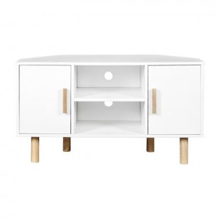 Meuble TV d'angle LILA - 2 portes - Décor mélaminé Blanc - Pieds en bois massif - L90 x P35 x H55 cm