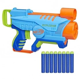 Nerf Elite Junior, blaster Explorer Easy-Play, facile a tenir, charger et tirer, 8 fléchettes Nerf Elite