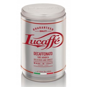 LUCAFFÈ Café décaféiné, café 100% Arabica moulu, boîte de café 250 gr. l'aluminium sauve l'arôme, le café naturellement décaféiné, le goût sucré, le corps entier, la crème épaisse