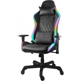 DELTACO Fauteuil Gamer à LED RGB (332 Modes contrôlables, Commande Incluse), Type Racer, Hauteur et Accoudoirs Réglables, Simili Cuir, Coussin de Nuque et Dossier, inclinable 90-180 , Noir