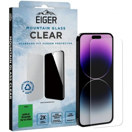 Mountain Glass Film de protection d'écran en verre trempé 9H pour iPhone 15/15 Pro, compatible avec les coques, ultra fin, panneau en verre