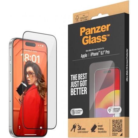 PanzerGlass - Screen Protector iPhone 15 Pro - Ultra-Wide Fit w. EasyAligner