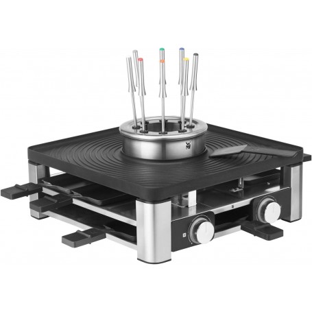 WMF Lumero Station Gourmet 3-en-1, Raclette, Appareil à fondue, Grill électrique d'intérieur, 8 personnes, Gamme complète d'accessoires, Cuisson simultanée, Revêtement acier inoxydable 0415480011