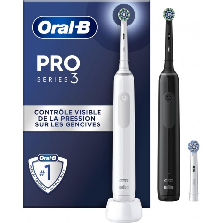 Oral-B Pro 3 3900 Lot De 2 Brosses À Dents Électriques Et 3 Brosses À Dents Avec 3 Modes De Brossage Et Contrôle Visuel À 360 Pour Soins Dentaires, Cadeau Pour Lui, Blanc/Noir, 1 unité (Lot de 1)