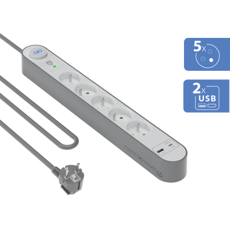 Parafoudre 5 prises avec USB A+C, 800J,1,5m WH/GY