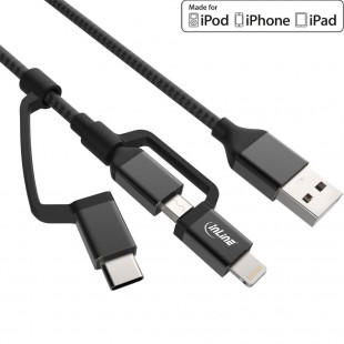 Câble USB InLine® 3 en 1, USB AM vers Micro-USB + USB Type-C + Lightning, noir / aluminium, 1,5 m