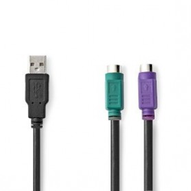 Câble 2 en 1 | USB 2.0 | USB-A Mâle | 2x PS/2 Femelle | 480 Mbps | 0.30 m | Plaqué nickel | Rond | PVC | Noir | Boîte