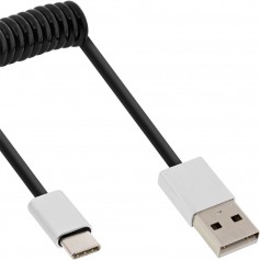 Câble spiralé InLine® USB 2.0, fiche type C à fiche A, noir / alu, flexible, 0,5 m