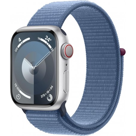Apple Watch Series 9 (41 mm GPS + Cellular) Smartwatch avec boîtier en Aluminium Argent et Boucle Sport Bleu d’Hiver. Suivi de l