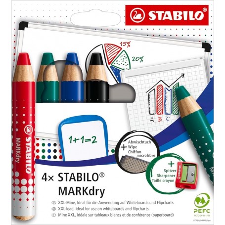 Etui carton x 4 crayons marqueurs STABILO MARKdry + 1 taille-crayon + 1 chiffonnette - rouge + bleu + vert + noir