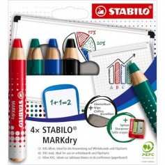 Etui carton x 4 crayons marqueurs STABILO MARKdry + 1 taille-crayon + 1 chiffonnette - rouge + bleu + vert + noir
