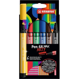 Etui carton x 6 feutres pointe biseautée STABILO Pen 68 MAX ARTY - noir + bleu + rouge + vert + jaune + marron
