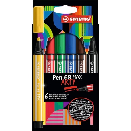 Etui carton x 6 feutres pointe biseautée STABILO Pen 68 MAX ARTY - noir + bleu + rouge + vert + jaune + marron