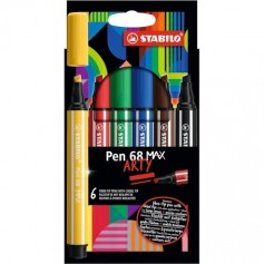 Etui carton x 6 feutres pointe biseautée STABILO Pen 68 MAX ARTY - noir + bleu + rouge + vert + jaune + marron