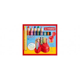 Set x 15 crayons multi-talents STABILO woody 3 in 1 + 1 taille-crayon avec réservoir + 1 plateau de rangement