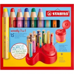 Set x 15 crayons multi-talents STABILO woody 3 in 1 + 1 taille-crayon avec réservoir + 1 plateau de rangement