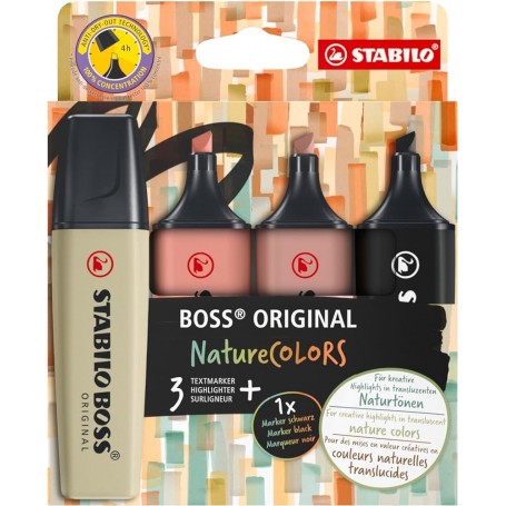 Etui carton x 4 surligneurs STABILO BOSS ORIGINAL NatureCOLORS - marron glacé, orange rouille, vert tilleul, noir