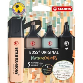 Etui carton x 4 surligneurs STABILO BOSS ORIGINAL NatureCOLORS - beige rosé, gris taupe, vert eucalyptus, noir