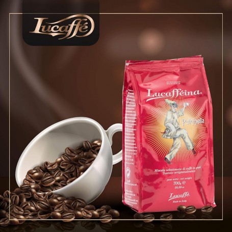 LUCAFFÈ PULCINELLA Grains de café Sac sauve l'arôme 700gr, café énergétique, mélange Arabica et Robusta napolitain torréfié, extra caféine, notes de chocolat, goût doux, haute qualité
