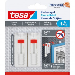 Ongle adhésif tesa, 2 pièces, pour papier peint et plâtre, jusqu'à 1 kg par ongle, ajustable, blanc