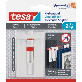 Ongle adhésif tesa, 2 pièces, pour papier peint et plâtre, jusqu'à 2 kg par ongle, ajustable, blanc